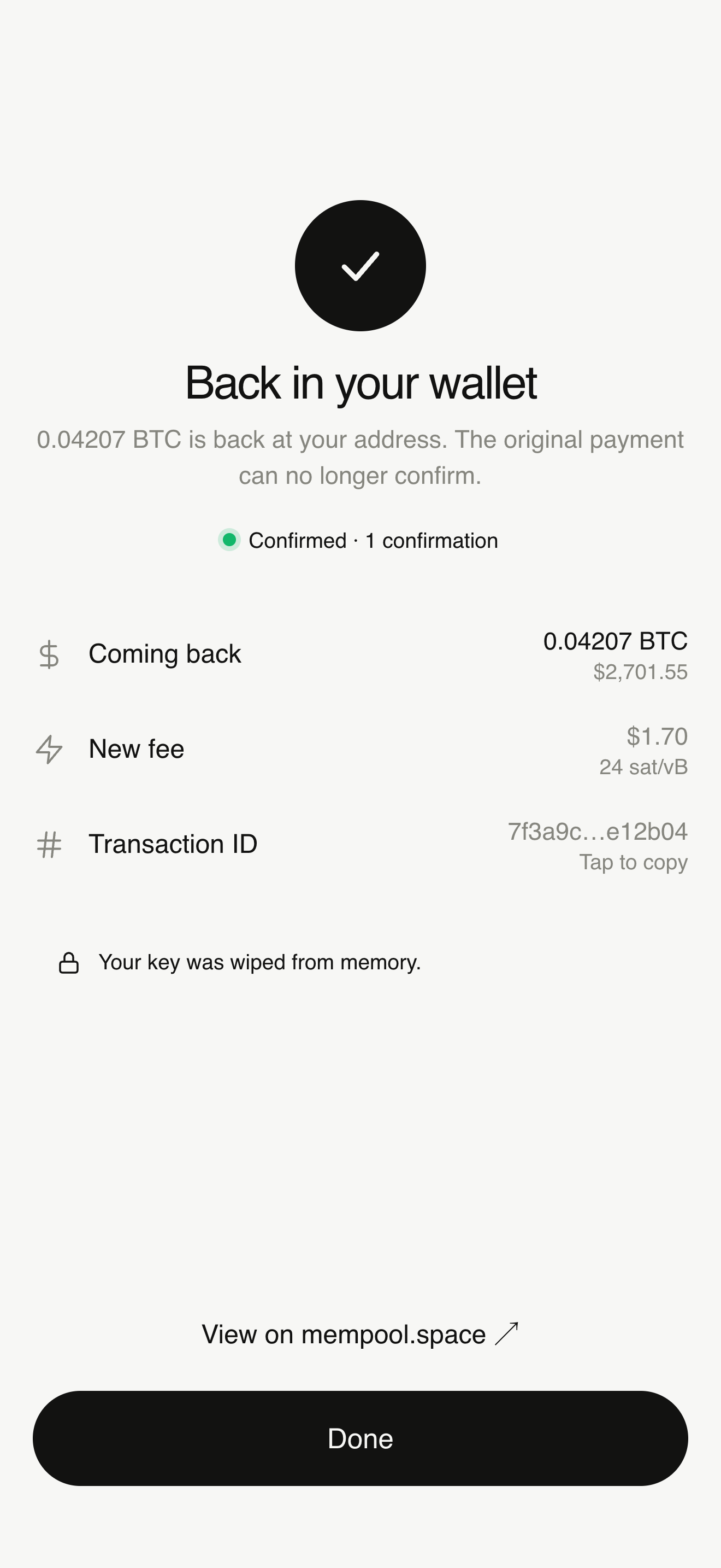 Canceled payment back in your wallet, confirmed